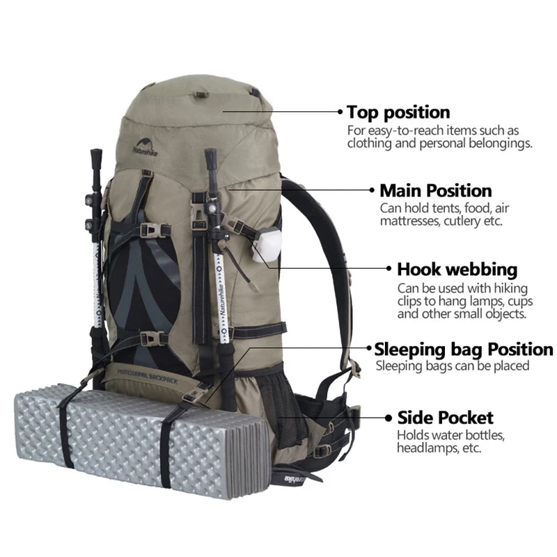Naturehike 70L Hiking Backpack with Rain Cover – Ergonomic Camping Pack