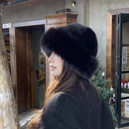 Women's Fluffy Faux Fur Winter Hat - Warm Bucket Cap