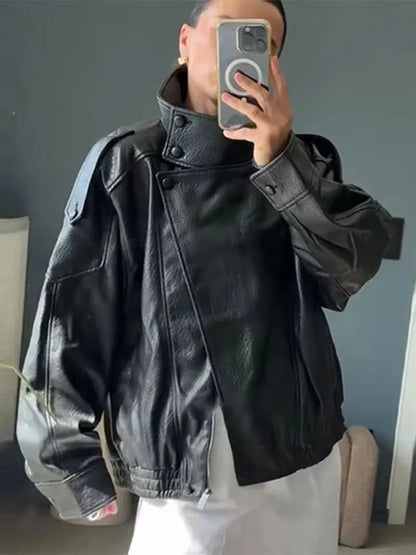 Women's Oversized Faux Leather Moto Jacket