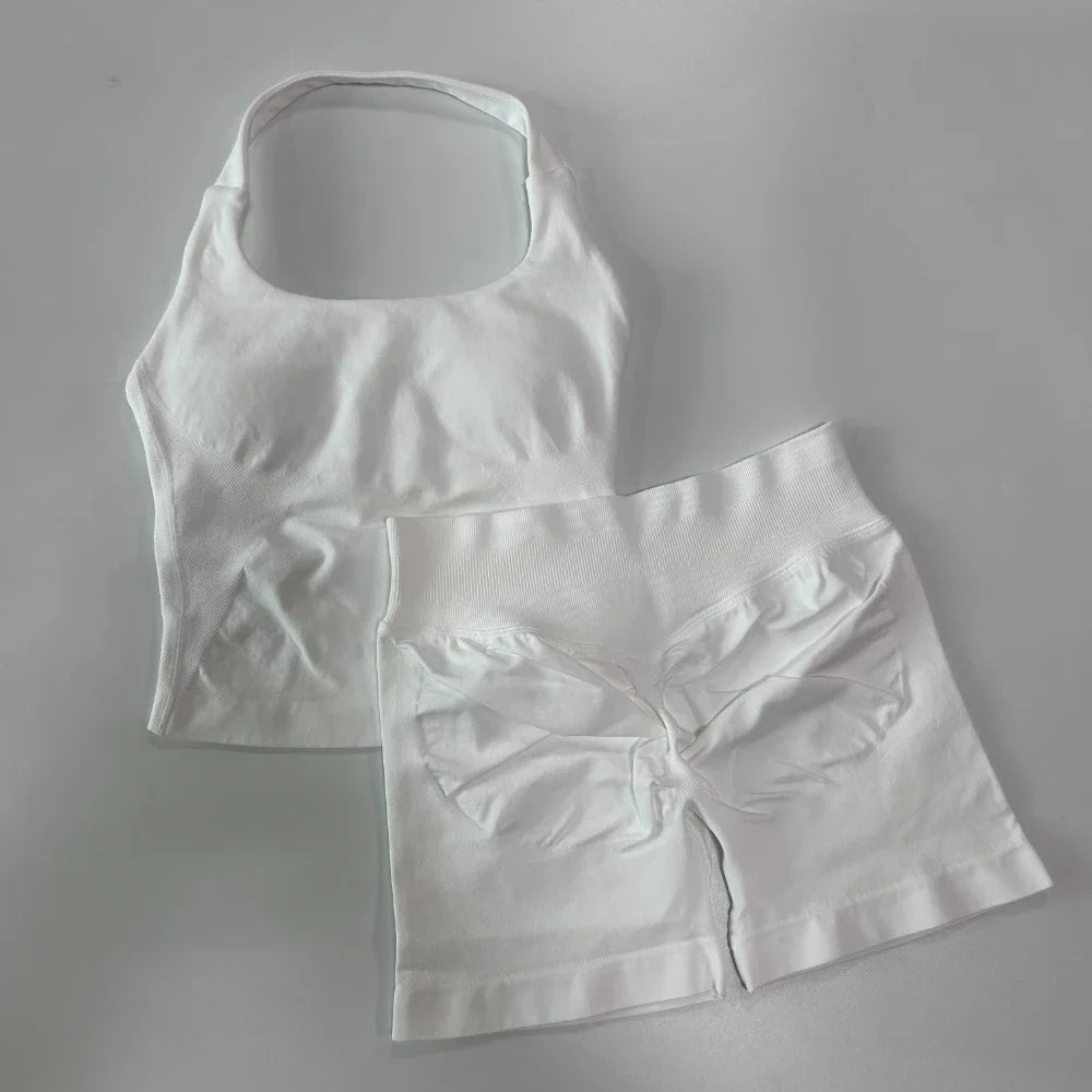 Women's 2-Piece Seamless Workout Set – Backless Tank Top & Scrunch Shorts