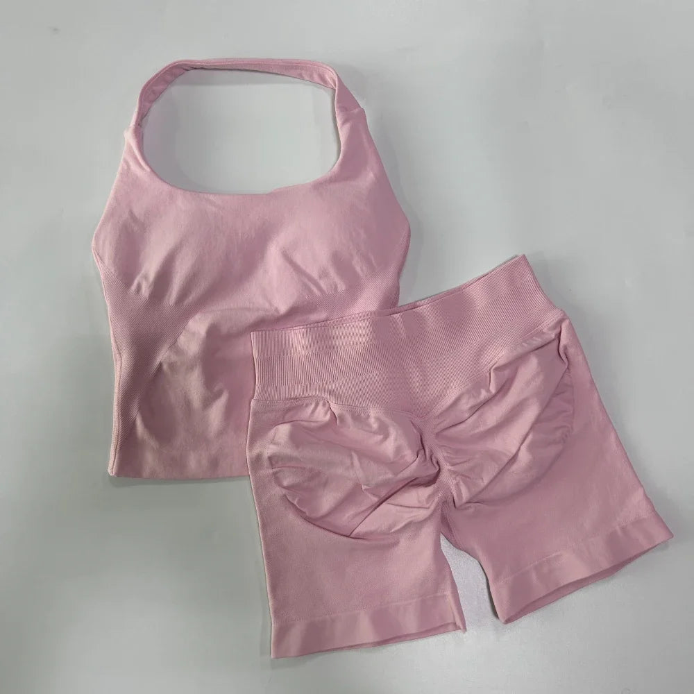 Women's 2-Piece Seamless Workout Set – Backless Tank Top & Scrunch Shorts