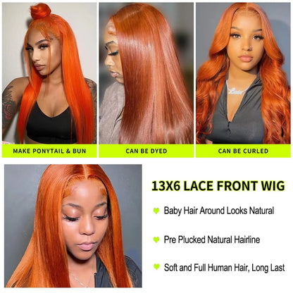 Brazilian Straight 350 Ginger Orange 13x6 Hd Lace Front Human Hair Wigs 13x4 Glueless Frontal Wig