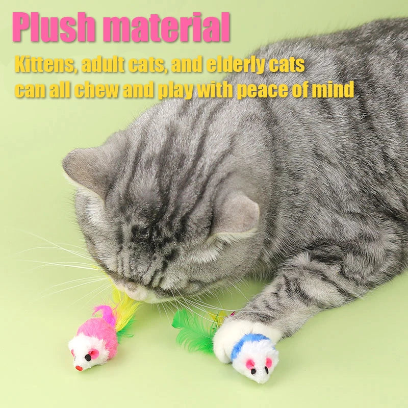 Plush Mouse Cat Toys with Colorful Feather Tails – Squeaky Mice for Indoor Cats