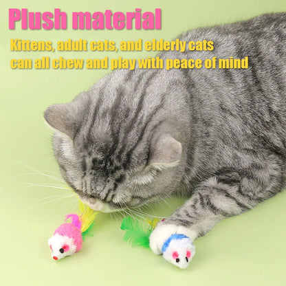Plush Mouse Cat Toys with Colorful Feather Tails – Squeaky Mice for Indoor Cats