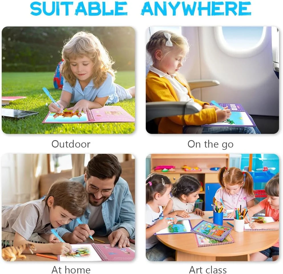Magic Water Drawing Book for Kids with Pen – Reusable Coloring Activity