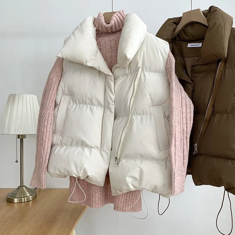 Women's Puffer Vest – Sleeveless Stand Collar Down Coat with Belt