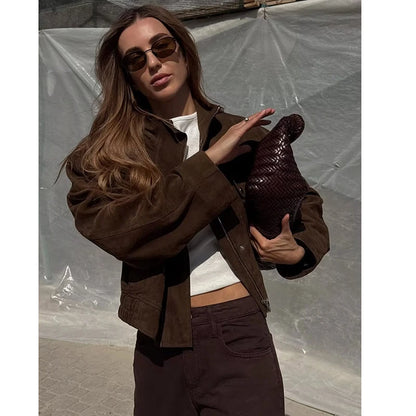 Women's Suede Bomber Jacket Elegant Slim Fit with Big Pockets