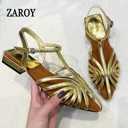 Women's Roman Strappy Sandals – Pointed Toe Low Heel T-Strap