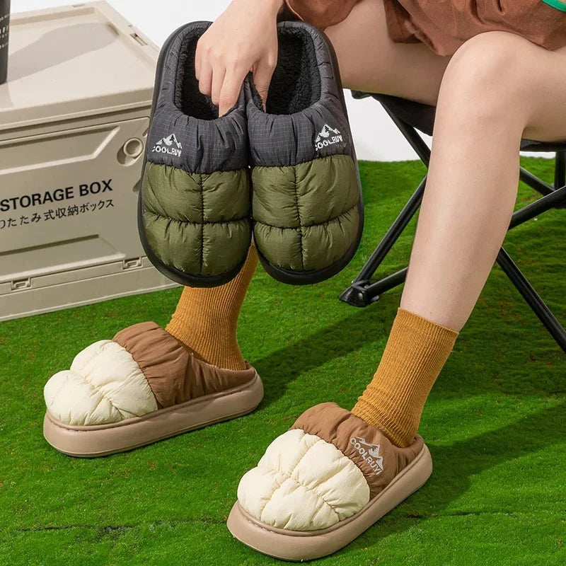 Thick Sole Down Waterproof Women Slippers Mix Color Non Slip Cotton Shoes Woman Comfy Outdoor Plush