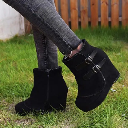 Women's Wedge Ankle Boots Retro Buckle Platform Chunky Heel Zip-Up