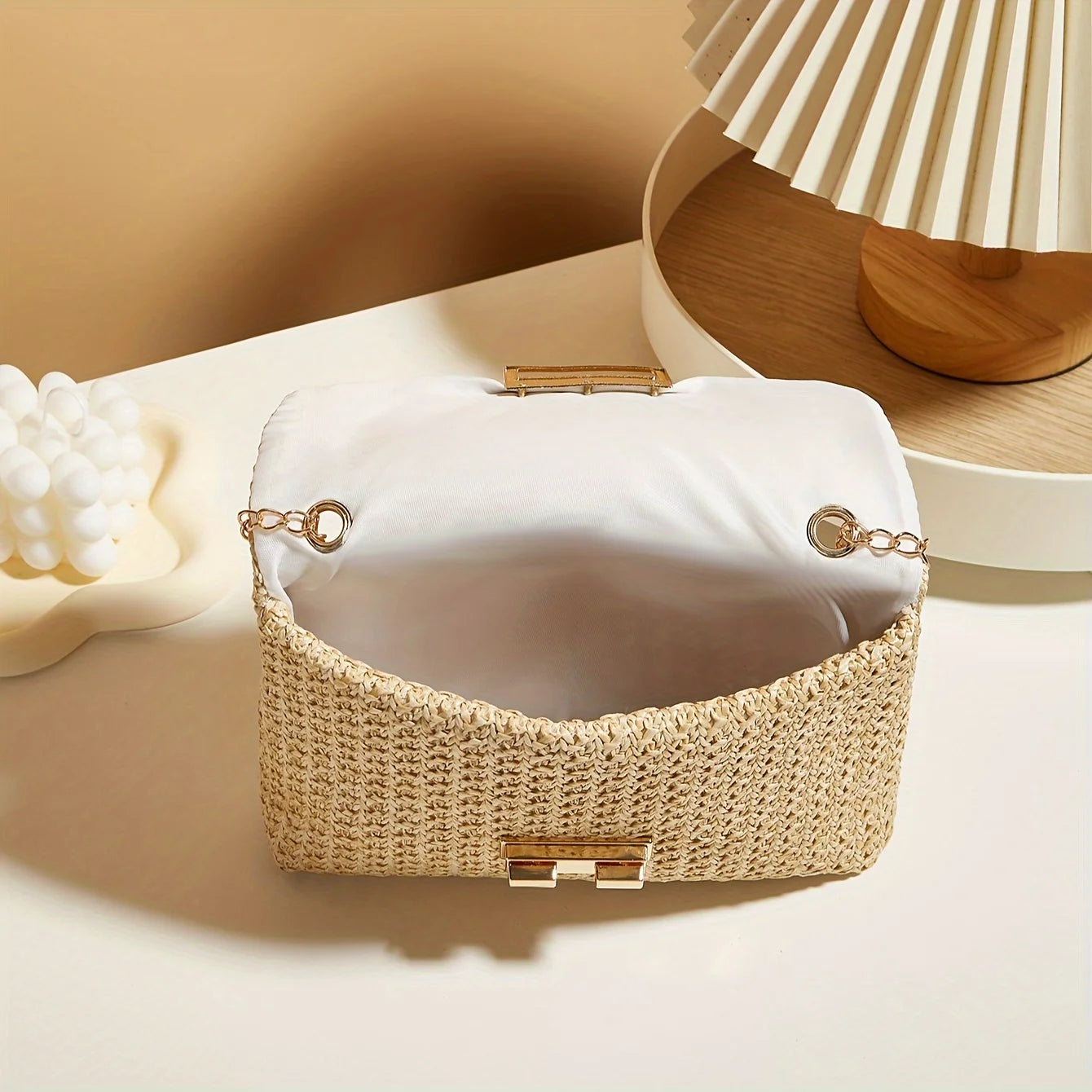 Woven Straw Crossbody Bag with Gold Chain & Lock Closure