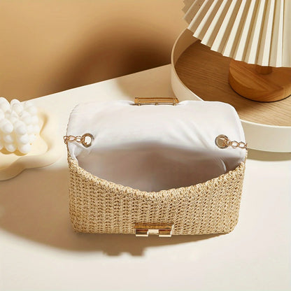 Woven Straw Crossbody Bag with Gold Chain & Lock Closure