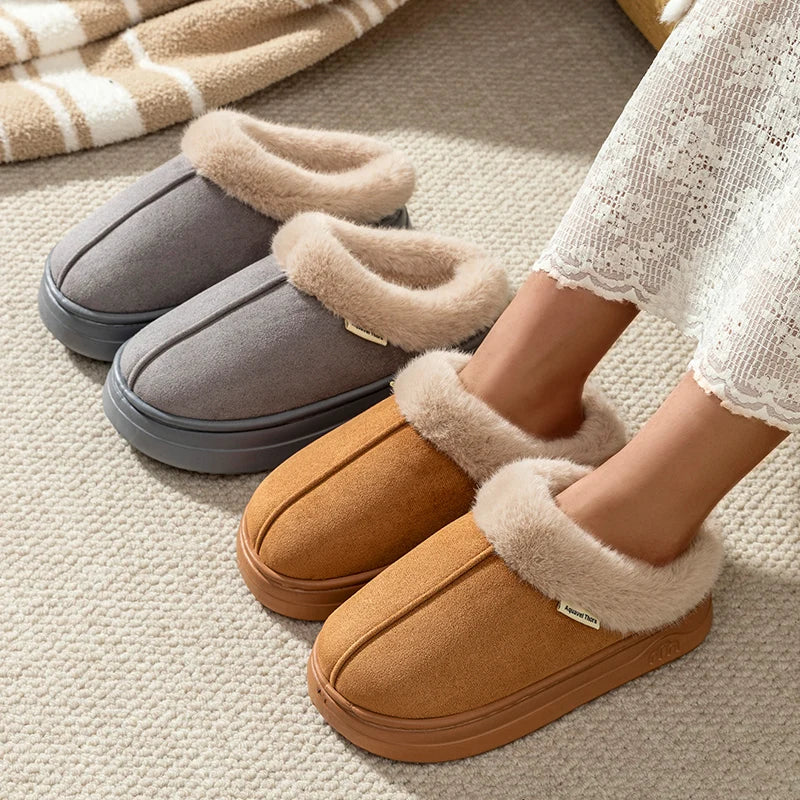 Fuzzy Winter Slippers – Plush Faux-Fur Thick-Sole Anti-Slip Home Shoes