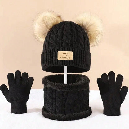 Kids Winter Hat Scarf Gloves Set – 3-Piece Knit Pom Pom Beanie