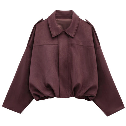 Women's Cropped Suede Bomber Jacket – Lapel Zip Racing Coat