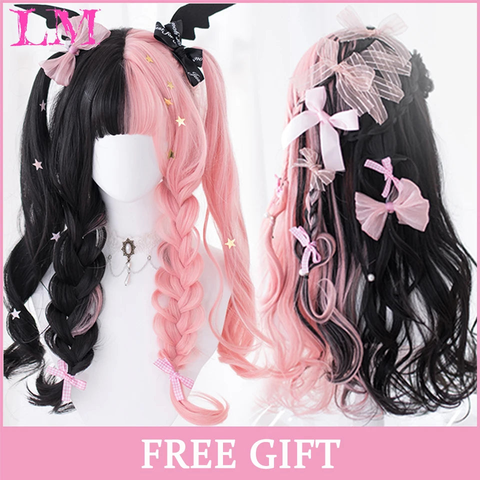 Lm Cosplay Wig Bangs Synthetic Straight Hair 24 Inch Long Heat-Resistant Pink Women