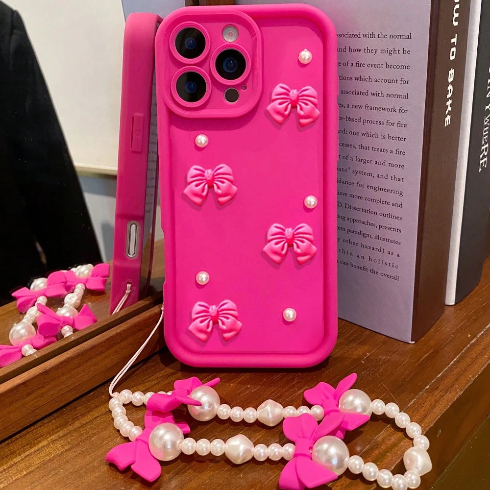 Korean 3d Bowknot Pearl Silicone Phone Case Iphone 16 17 Pro 15 14 13 12 11 Max 16e 7 8 Plus Lanyard