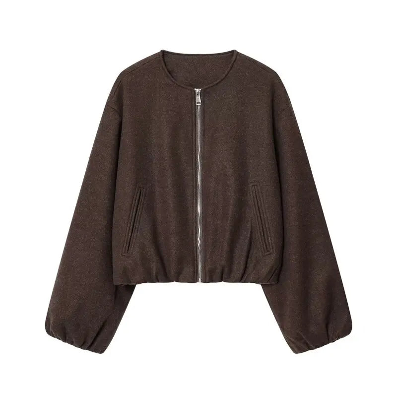 Women's Loose Cropped Bomber Jacket – Zip-Up Long Sleeve Coat