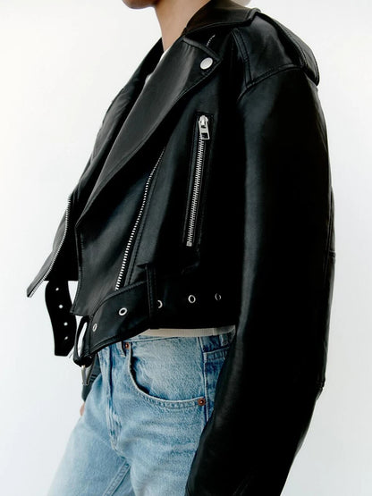 Women's Faux Leather Moto Jacket with Belt – Short Biker Style