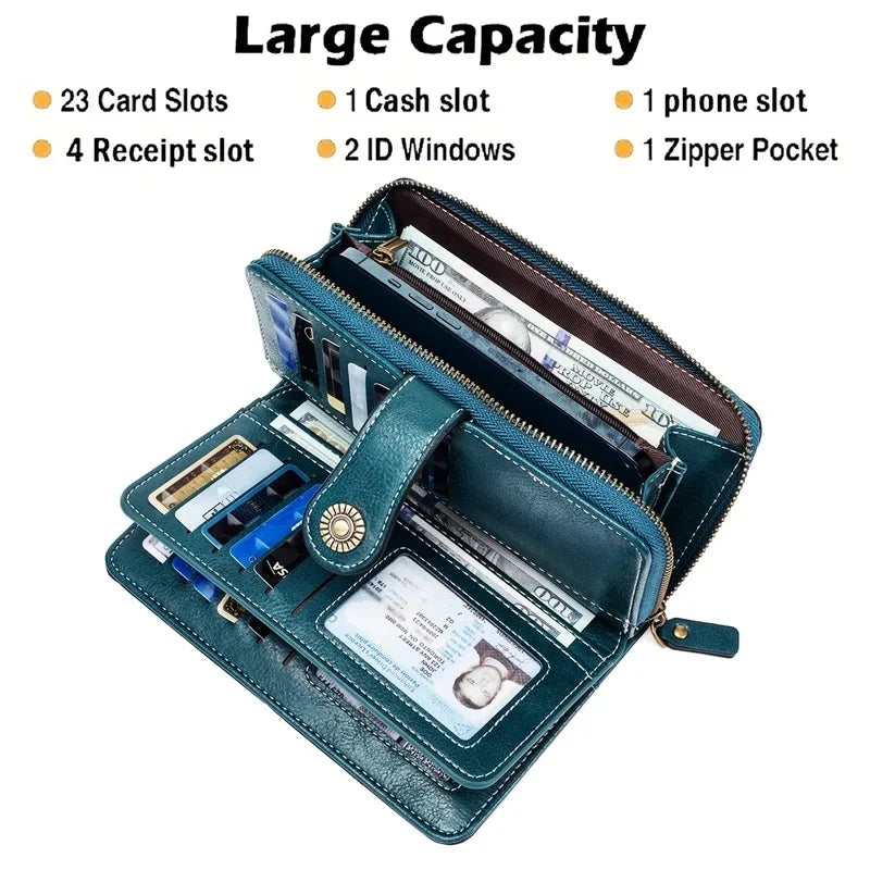 RFID Blocking Leather Long Wallet – Large Capacity Zipper Clutch