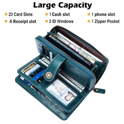 RFID Blocking Leather Long Wallet – Large Capacity Zipper Clutch