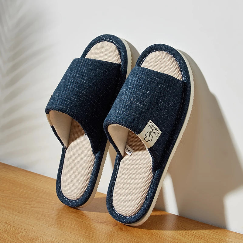 Linen Open-Toe Home Slippers – Breathable Bedroom Shoes for Men & Women