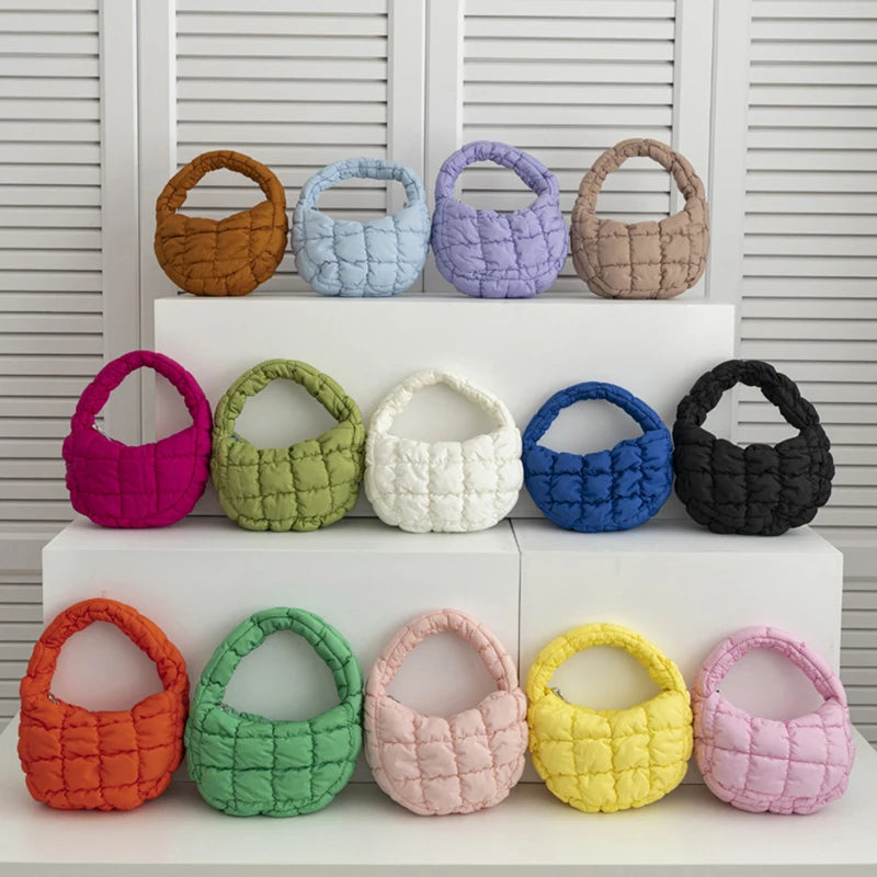 Candy Bag Mini Puffer Tote Quilted Circle Phone Purse Elegant Soft Nylon Padded Key Pouch Simple