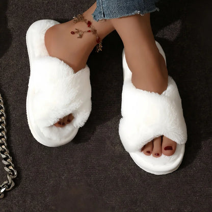 Cross Strap Fur Slippers Women Indoor Light Warm Plush Home Woman Faux Flat Heel Couple Slides Plus