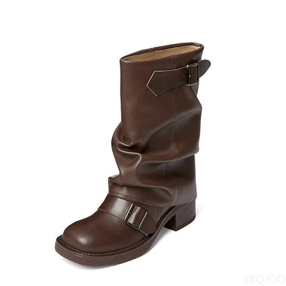 Women's Retro Western Cowboy Boots – Block Heel Buckle Mid-Calf