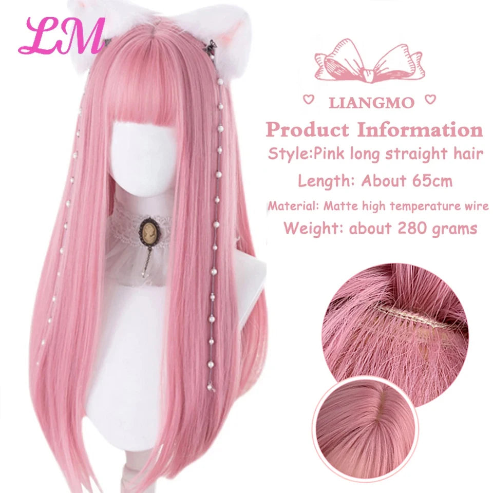 Lm Cosplay Wig Bangs Synthetic Straight Hair 24 Inch Long Heat-Resistant Pink Women