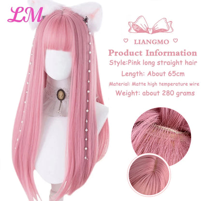 Lm Cosplay Wig Bangs Synthetic Straight Hair 24 Inch Long Heat-Resistant Pink Women