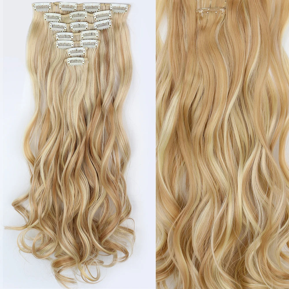 Clip-In Hair Extensions 7pcs 16 Clips Wavy Synthetic 24 Inch