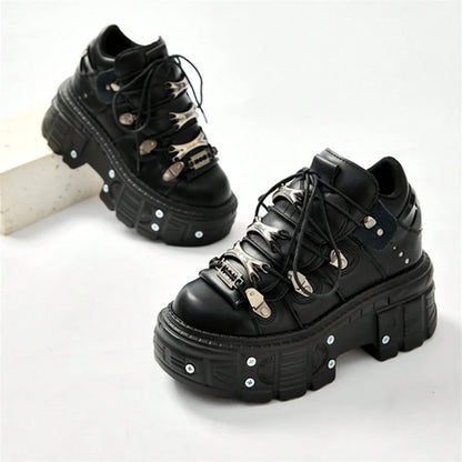 Punk Gothic Platform Ankle Sneakers – Metal Hardware Lace-Up