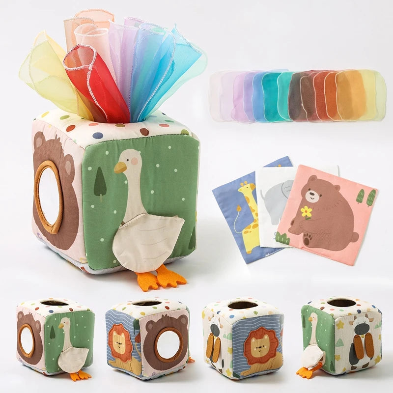 Montessori Baby Busy Box with Sensory Scarves & Cloth Toys