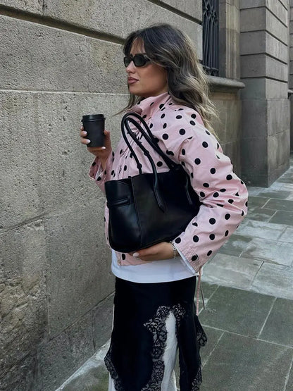 Women's Polka Dot Spring Jacket – Elegant Drawstring Coat