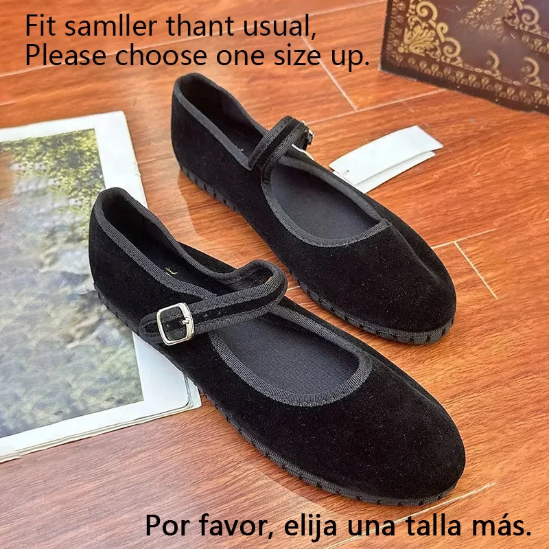 Velvet Mary Jane Flats – Women's Buckle Strap Ballet Shoes
