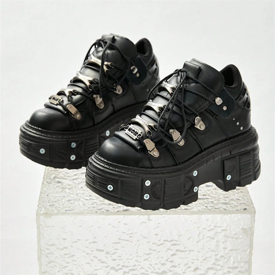Punk Gothic Platform Ankle Sneakers – Metal Hardware Lace-Up