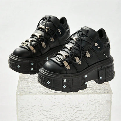 Punk Gothic Platform Ankle Sneakers – Metal Hardware Lace-Up