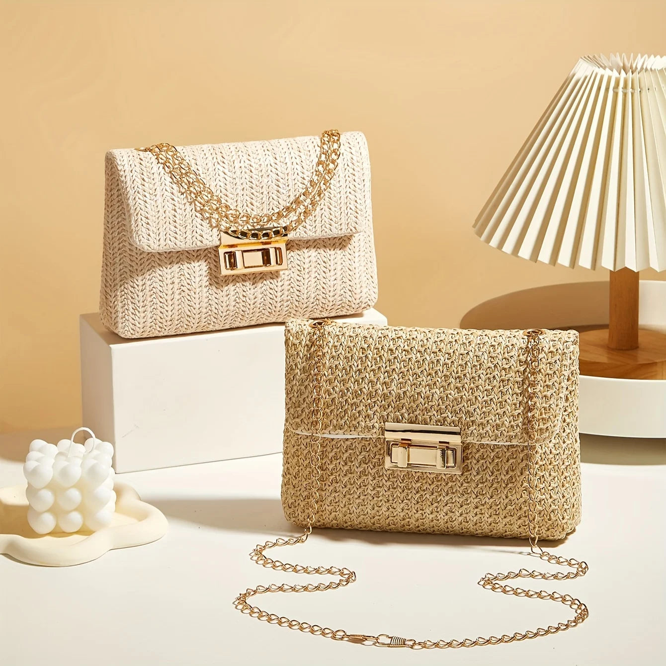 Woven Straw Crossbody Bag with Gold Chain & Lock Closure