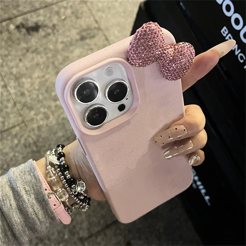 Rhinestone Bow Litchi Pattern Leather iPhone Case