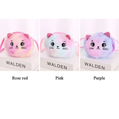 Kids Cute Cat Plush Crossbody Bag – Rainbow Mini Purse