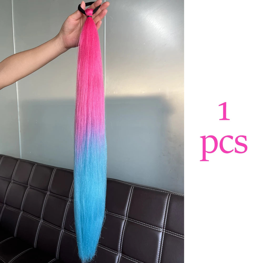 Synthetic Colorful Ponytail Extension 2pcs Long Straight Diy Braided Pony Tail Hairpiece Rubber Band