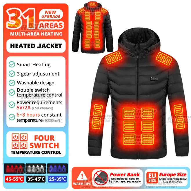 USB Electric Heated Jacket – 21 Heating Zones, 3-Gear Temperature Control