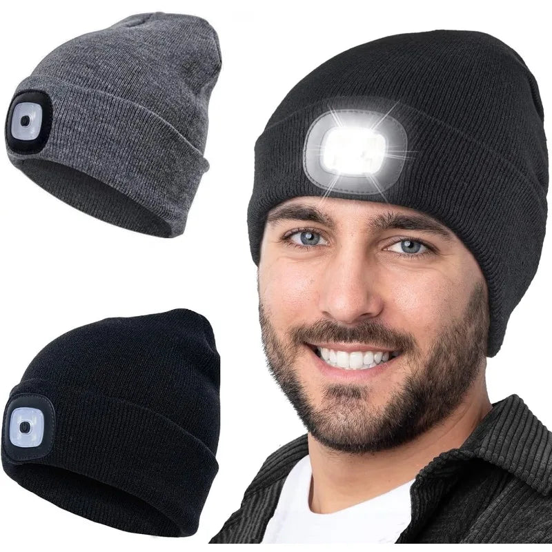 LED Beanie Hat with Headlamp – USB Rechargeable Winter Knit Cap