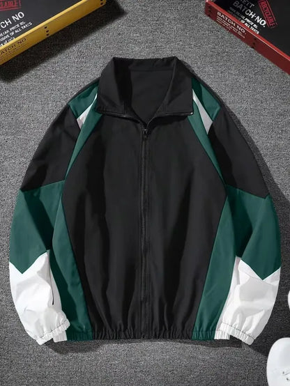 Men's Color-Block Windbreaker Jacket – Lightweight Casual Zip-Up