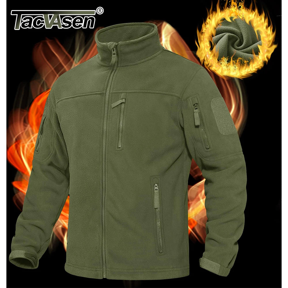 Men's Fleece Jacket Full-Zip Windproof Tactical Coat Multi-Pocket