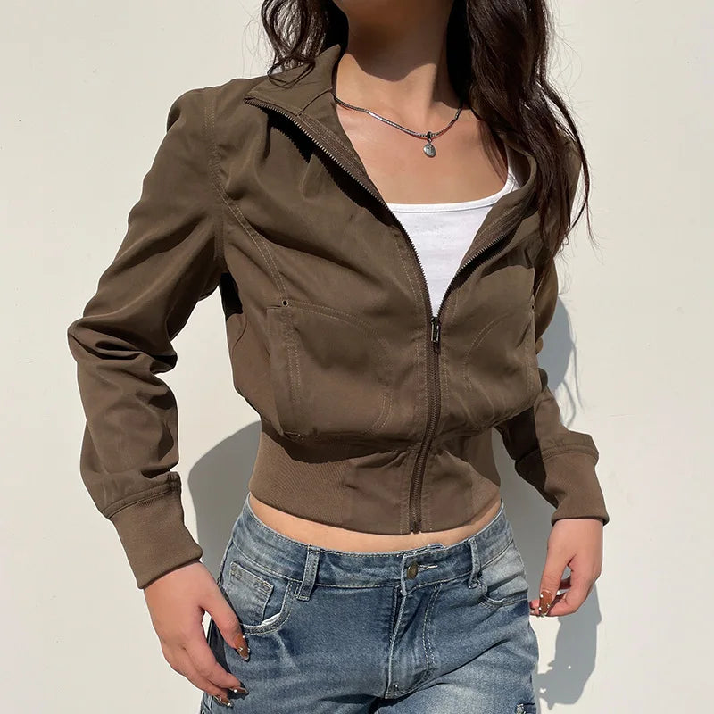 Women's Retro Flight Jacket – Zip-Up Bomber with Pockets