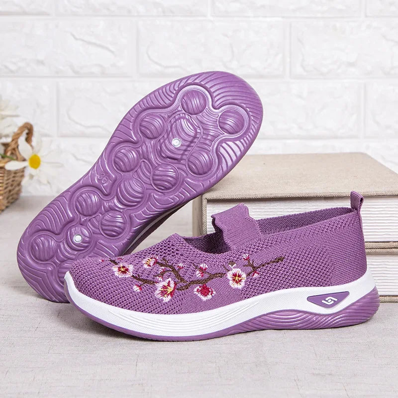 Women's Embroidered Slip-On Sneakers – Breathable Chunky Sole Casual Shoes