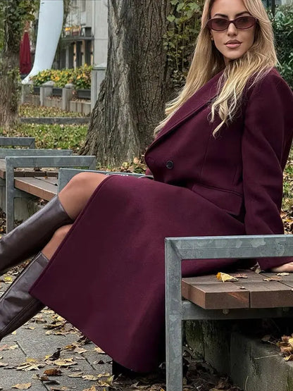 Women's Double-Breasted Wool Blend Coat – Long Lapel Jacket