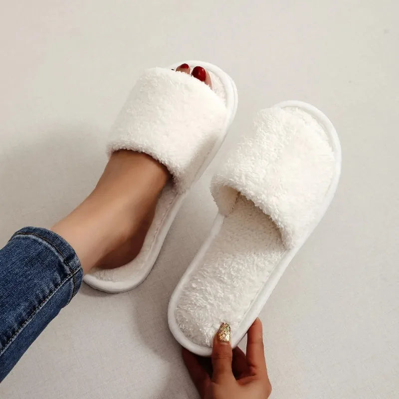 Four Seasons Women S Home Slippers Slides Sandals Shoes White Fur Warm Plush Comfortable Lightweight